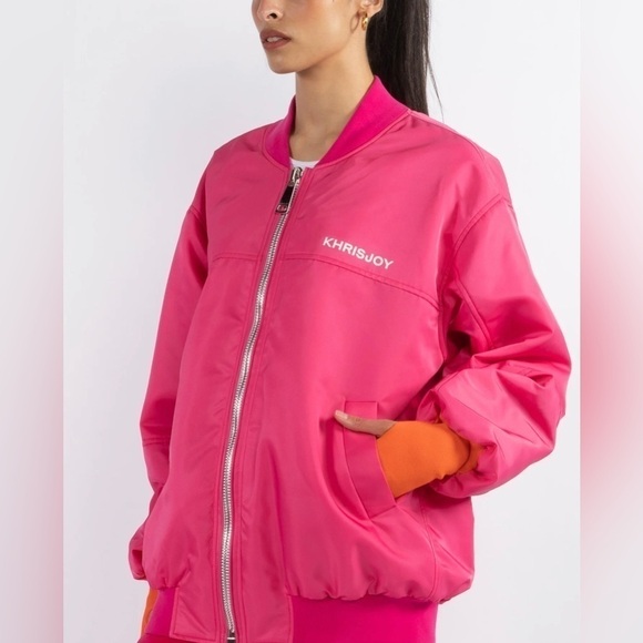 Khrisjoy NWT Satin Oversized Bomber Jacket in Pink GARDENIA Sz 0 (S) - Picture 3 of 11